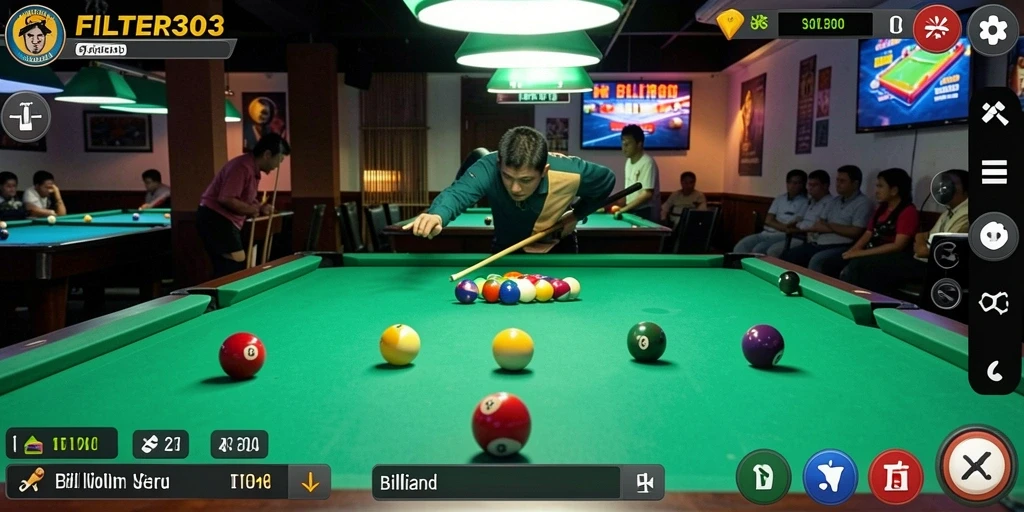 Antarmuka menarik game Billiard FILTER303 dengan tampilan yang memukau.